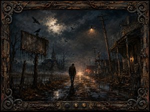 A lone, hat-wearing figure walks down a rain-soaked road through a decaying Southern town beneath a stormy moon. Deep blues, rusted browns, and amber lights create a haunted, fatalistic mood. Painterly textures, fog, crows, leaning buildings, wet reflections, and an ornate weathered metal-and-wood frame intensify the scene.