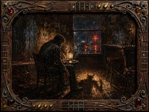 A weary man sits alone in a rain-soaked Southern roadhouse, surrounded by empty stools, a glowing bottle, and lingering smoke. Amber lamplight and red neon reflections cut through deep browns and charcoal shadows, while a subtly horned silhouette stretches across worn floorboards. Rich oil-and-encaustic textures and a music-themed antique frame deepen the brooding atmosphere.