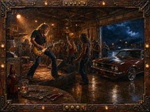 A rugged guitarist commands a lively roadhouse stage as dancers crowd around him and a polished classic muscle car gleams beside the open garage door. Warm amber lights contrast with stormy blue night, reflecting across wet concrete. Rich oil-painted textures, smoky shadows, weathered wood, chrome, cables, and an ornate musical frame create energetic Southern-rock atmosphere.