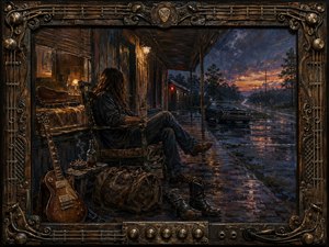 A solitary long-haired rocker rests on a rain-darkened motel porch at twilight, surrounded by a worn guitar, duffel bag, boots, bottle, and ashtray. Warm amber room light contrasts with cool blue-purple storm skies and wet pavement. Rich painterly textures and an ornate, weathered musical-hardware frame deepen the reflective Southern-rock mood.