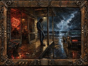 A weary man stands beneath a weathered roadhouse porch as lightning splits a rain-soaked Southern night. Warm red-orange neon clashes with cold blue storm light, reflecting across puddles and a vintage muscle car. Thick painterly textures, scattered dice, worn timber, and an intricate guitar-and-metal frame create a gritty, cinematic Southern-rock atmosphere.