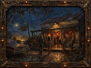 A richly textured Southern night scene captures a weathered roadside juke joint glowing with amber and red light beneath an indigo sky. Figures drift toward the music across muddy reflective ground beside a vintage car. Expressive oil-and-wax textures, Spanish moss, rustic wood, and an ornate music-inspired frame create a gritty, soulful atmosphere.