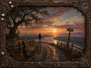 A solitary traveler stands at the end of a rain-darkened country road, gazing across a winding river toward a blazing golden horizon. Twisted trees, dry grasses, fireflies, a weathered guitar case, and distant lightning deepen the reflective mood. Rich oils, cracked textures, amber light, smoky blues, and an ornate musical frame create a timeless Southern atmosphere.