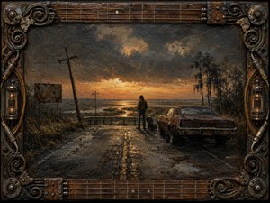 A lone traveler stands beside a weathered vintage car at the end of a rain-darkened Southern road, facing a glowing marsh horizon beneath storm-heavy clouds. Rich amber, rust, charcoal, and muted green tones shape the moody oil-painted scene, framed by guitar strings, fretboard wood, wrought metal, cables, and softly glowing vacuum tubes.
