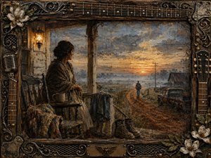 A contemplative mother watches from a weathered farmhouse porch as a lone figure walks down a red-dirt road toward a misty sunrise. Rich browns, muted blues, amber light, and textured oil-like brushwork create a nostalgic Southern mood. An ornate guitar-inspired frame, magnolias, ironwork, boots, and a rusty truck deepen the handcrafted storytelling.