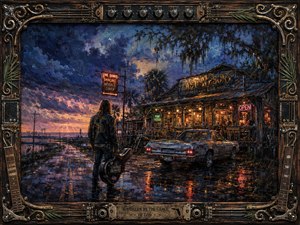 A lone long-haired musician stands beside a rain-slick Florida roadhouse beneath stormy twilight skies, framed by palms, Spanish moss, neon signs, and distant lightning. Rich blues, violets, amber, and red reflections create a restless Southern mood. Painterly textures and an ornate guitar-and-amplifier frame reinforce the handcrafted rock-and-roll atmosphere.