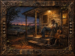 A weathered Southern man rests on a farmhouse porch at dusk, accompanied by a tired hound, old pickup, guitar, and vintage radio. Warm amber lamplight contrasts with a blue-purple sunset, creating a reflective, rugged mood. Rich oil-like textures, worn wood, rusted metal, vines, and an ornate musical frame enhance the handcrafted Americana atmosphere.