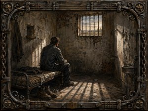 A solitary prisoner sits on a worn cot inside a crumbling, shadowed cell, gazing toward a barred window glowing with distant sunset light. Earthy browns, charcoal grays, and muted blues heighten the somber mood. Painterly oil-and-charcoal textures, tally-marked walls, work boots, chains, and an ornate iron-and-guitar-string frame deepen the sense of confinement and longing.