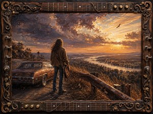 A lone long-haired guitarist stands beside a weathered vintage car on a winding Southern overlook, gazing across a vast river valley at sunset. Warm amber, copper, violet, and smoky blue tones create a reflective, liberating mood. Thick painterly textures, dramatic clouds, a soaring bird, and an ornate guitar-inspired frame enrich the handcrafted scene.