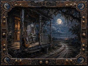 A weathered Southern farmhouse porch rests beneath brilliant full moonlight, where an empty rocking chair and worn acoustic guitar suggest memory and solitude. Cool indigo blues contrast with warm amber doorway light, while a winding dirt road, moss-draped trees, and distant truck deepen the cinematic, handcrafted oil-and-wax atmosphere within an ornate musical frame.