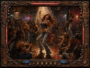 A wild Southern roadhouse pulses with energy as a confident woman dances beneath a golden spotlight, surrounded by rugged patrons and a live guitarist. Warm amber, tobacco brown, red, and blue neon illuminate smoky air and reflective floors. Expressive oil-paint textures and an ornate wood-and-metal musical frame create gritty handcrafted drama.