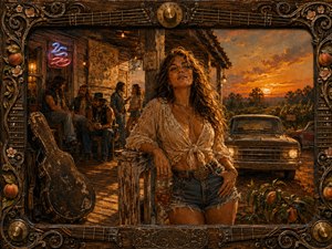 A confident woman leans against a weathered Southern roadhouse porch at sunset, surrounded by musicians, a vintage pickup, peach trees, and glowing neon. Warm amber, copper, and dusky orange light create a relaxed, rebellious mood. Rich oil-paint textures and an ornate guitar-and-peach frame add handcrafted depth and nostalgic character.
