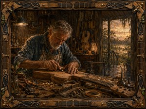 An elderly craftsman shapes a guitar by hand in a richly cluttered Southern workshop, surrounded by worn tools, wood shavings, strings, and aged instruments. Warm amber lamplight and sunset glow create a reverent, reflective mood. Painterly textures, deep browns, brass accents, and an ornate guitar-inspired wooden frame emphasize skill, tradition, and quiet devotion.