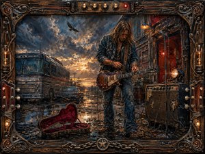 A rugged guitarist stands beside a rain-soaked roadside venue, restringing his battered instrument beneath a storm-broken sunset. Weathered buses, amplifiers, cables, and glowing stage lights create a gritty Southern rock atmosphere. Rich blues, rusts, amber highlights, reflective puddles, painterly textures, and an ornate industrial-music frame reinforce resilience, defiance, and hard-earned renewal.