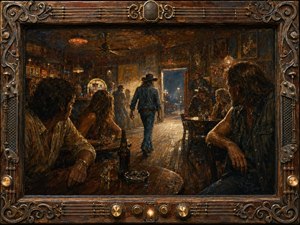 A tense, smoky 1970s honky-tonk glows with amber light as a lone denim-clad man strides toward an open doorway while wary patrons watch from shadowed tables. Rich oil-like textures, worn wood, bottles, haze, and deep blue night tones create cinematic depth, enclosed by an ornate musical frame of strings, brass, wood, and wrought iron.
