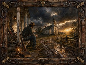A rugged man sits thoughtfully on a weathered Southern porch overlooking a white country church beneath brooding storm clouds and a glowing sunset. Warm lantern light, muddy reflections, muted browns, charcoal blues, and amber highlights create a solemn, defiant mood. Rich oil-painted textures and an ornate wood-and-iron musical frame reinforce faith, heritage, and resilience.