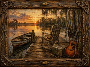 A warmly textured oil painting depicts a peaceful Southern bayou at sunset, where a weathered dock holds an empty wooden chair, straw hat, tackle box, and acoustic guitar beside a tied rowboat. Golden reflections, cypress trees, Spanish moss, and a heron create a nostalgic, restful mood within an ornate rustic wooden frame.