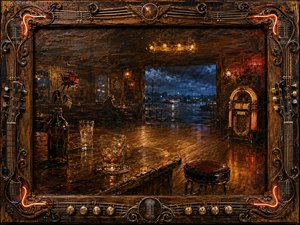 A weathered Southern roadhouse glows warmly against a stormy blue evening, its empty stools, scattered glasses, wilted rose, and solitary patron suggesting longing and missed connection. Rich amber, tobacco, red, and teal tones shine across textured wood and reflective floors, framed by ornate guitar-inspired metalwork, neon accents, and vintage craftsmanship.