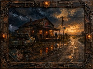 A weathered roadside roadhouse glows warmly beneath a turbulent storm at sunset, where a lone traveler stands beside a battered pickup and rain-slick forked road. Deep blues, rust browns, and amber light create a brooding yet hopeful mood. Heavy painterly textures, reflective puddles, lightning, and an ornate musical frame add handcrafted richness.