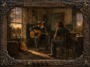 An older guitarist quietly teaches a younger listener inside a weathered Southern room glowing with sunset light. Rich browns, amber gold, muted green, and smoky shadows create a reflective, intimate mood. Painterly textures emphasize worn wood, instruments, peeling walls, and dust, while an ornate music-inspired frame completes the handcrafted composition.