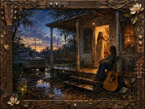 A weathered Southern porch glows warmly at twilight as a long-haired musician rests beside his guitar, gazing toward a woman framed in an amber doorway. Rain-darkened boards, puddles, an old pickup, fireflies, magnolias, and deep blue skies create a tender, nostalgic mood, rendered in richly textured, handcrafted painterly detail.