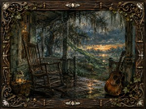 A weathered Southern porch opens onto a misty twilight landscape, where an empty rocking chair and battered acoustic guitar suggest quiet absence and lingering memory. Deep greens, smoky blues, warm amber light, wet floor reflections, drifting fabric, and fireflies enrich the hand-painted scene, framed by ornate wood, brass, vines, and musical details.