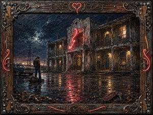 A solitary traveler stands beside a vintage car outside a weathered Southern roadside hotel on a rain-soaked night. Deep indigo skies, warm amber windows, and crimson neon reflect across slick pavement, creating a lonely, cinematic mood. Rich impasto textures, peeling architecture, scattered debris, and an ornate guitar-inspired frame enhance the handcrafted atmosphere.