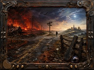 A lone figure stands at a weathered rural crossroads between fiery destruction and a serene, moonlit church, creating a tense choice between ruin and redemption. Rich oil-and-encaustic textures, cracked roads, smoky reds, cool blues, a battered guitar case, white flower, and intricate rock-inspired metal frame heighten the dramatic Southern atmosphere.