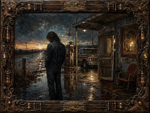 A solitary figure stands beside a rain-soaked roadside gas station at dusk, facing away beneath brooding storm clouds. Warm amber lights reflect across puddled pavement, contrasting with smoky blues, rust browns, and fading sunset gold. Rich oil-paint textures, weathered architecture, an old pickup, and an ornate musical-industrial frame deepen the melancholy atmosphere.
