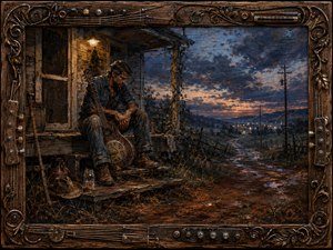 A weary guitarist sits on a weathered farmhouse porch at twilight, cradling an aged resonator guitar beside a mason jar and battered hat. Warm lamplight contrasts with stormy blue-gray skies, muddy roads, distant valley lights, and red earth. Rich oil-like textures and an ornate instrument-inspired wooden frame deepen the rustic melancholy.