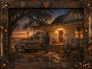 A lone traveler approaches a weathered Southern farmhouse glowing warmly at dusk, framed by an old pickup, acoustic guitar, quilt, and sprawling oak. Amber porch light contrasts with deep blue-violet shadows and muddy reflections. Rich oil-and-encaustic textures, rustic detail, and an ornate music-inspired wooden frame create a nostalgic homecoming mood.