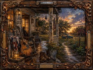 A richly textured oil-painting scene portrays a weathered Southern farmhouse porch at sunset, glowing with amber lamplight after rain. A worn guitar, muddy boots, quilt, wildflowers, garden, vintage truck, and distant barn create a nostalgic rural mood, framed by ornate carved wood, metal hardware, strings, vines, and musical details.