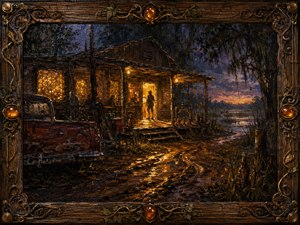 A weathered backwoods roadhouse glows beside a shadowy Southern marsh, its amber light spilling across muddy ruts toward a lone silhouetted figure. Deep indigo skies, rusty reds, swamp greens, and honeyed gold create a seductive, uneasy mood. Thick oil textures and an ornate wood-and-metal musical frame reinforce the handcrafted atmosphere.