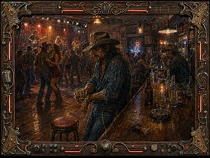A weathered cowboy leans against a crowded honky-tonk bar, drink in hand, while dancers and a live band animate the smoky room behind him. Warm amber, tobacco brown, red neon, and cool blue highlights create a restless nocturnal mood. Textured oil brushwork, reflective bottles, worn wood, and an ornate musical frame enrich the scene.