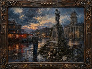 A solitary older man stands beside a weathered memorial in a rain-soaked Southern town square at twilight. Moody blues, grays, and tarnished bronze contrast with warm amber tavern lights reflected in puddles. Textured oil-like brushwork, stormy skies, wilted flowers, courthouse architecture, and an ornate musical frame create a haunting, nostalgic atmosphere.
