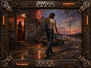 A lone man walks away from a weathered roadside bar at dusk, leaving a shadowed woman glowing in the doorway behind him. Rich oil textures, wet pavement, neon reflections, deep blues, purples, and amber light create a tense, defiant mood, framed by ornate guitar hardware, metalwork, and illuminated amplifier details.
