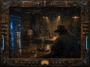 A lone, weary musician sits at a rain-darkened Southern juke joint, facing an empty stage with a guitar and hanging microphone. Deep blues, smoky browns, and amber light create a melancholy late-night mood. Gritty oil-and-charcoal textures, wet reflections, cigarette smoke, neon glow, and an ornate musical-mechanical frame deepen the sense of worn nostalgia.