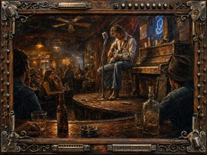 A focused guitarist commands a tiny stage inside a smoky, timeworn Southern roadhouse, surrounded by attentive patrons, bottles, cables, and a battered piano. Warm amber light contrasts with cool blue neon, creating intimate tension. Rich oil-painted textures, weathered wood, tarnished metal, and an intricate instrument-built frame reinforce the handcrafted atmosphere.