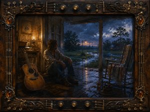 A solitary man sits on a rain-darkened Southern porch at twilight, beside a worn acoustic guitar and an empty rocking chair. Warm amber lamplight contrasts with cool blue fields, wet reflections, and stormy skies. Rich oil-paint textures, rustic wood, metal details, and an ornate musical frame deepen the mood of longing.