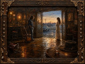 A richly textured oil-and-encaustic scene shows a weary musician and a woman facing each other inside a dim Southern roadhouse at dawn. Warm amber lamps contrast with cool blue morning light, reflecting across wet wooden floors. An acoustic guitar, whiskey glass, vintage truck, and ornate musical frame deepen the wistful, intimate mood.