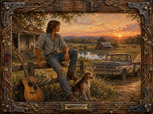 A rugged young country man rests on a split-rail fence beside his hound, acoustic guitar, and weathered pickup, overlooking a farmhouse, barn, pond, and rolling fields at sunset. Warm amber light, dusty greens, denim blues, and textured oil brushwork create a nostalgic, independent mood, enclosed by an ornate rustic musical frame.