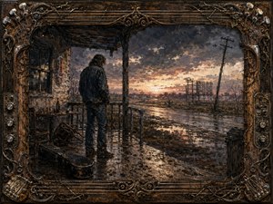 A solitary, weathered man stands on a rain-soaked roadhouse porch beside a battered guitar case, gazing toward a glowing storm-broken horizon. Moody blues, rust browns, and muted golds reflect across puddles and wet wood. Thick oil-and-wax textures, distressed architecture, and an ornate guitar-inspired frame create weary, cinematic Southern melancholy.