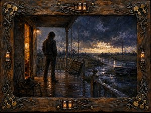 A solitary man stands on a rain-darkened rural porch, gazing toward a winding road beneath a turbulent twilight sky. Warm amber doorway light contrasts with cool blues, violets, and wet silver reflections. Thick painterly textures, a parked vintage truck, porch swing, and ornate wood-and-metal musical frame deepen the reflective Southern mood.