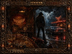 A lone, long-haired figure in a wide-brimmed hat stands between a smoky roadhouse and a storm-lashed parking lot, framed by lightning, neon reflections, and a classic car. Warm amber interiors contrast with cold blue skies and deep reds. Thick, textured painting surrounds the scene with ornate guitar, metal, chain, and glowing vacuum-tube details.