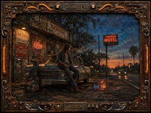 A young Southern drifter rests against a weathered vintage car outside a roadside service station at twilight, his battered guitar case nearby. Warm neon reds and amber lamps contrast with deep blue skies and wet pavement reflections, while textured oil-like brushwork, rustic signage, distant headlights, and an ornate musical-metal frame create nostalgic, restless atmosphere.