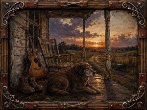 A weathered farmhouse porch at sunset frames an aging dog resting beside a worn rocking chair, acoustic guitar, and scuffed work boots. Warm amber light spills across rough boards toward distant fields beneath blue-gray clouds. Rich oil-like textures, earthy browns, muted greens, and an ornate wood-and-metal frame create a nostalgic, faithful, reflective mood.