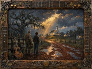Two generations stand beside a weathered guitar and split-rail fence, gazing down a rain-soaked red-clay road toward a glowing country church. Stormy blue-gray clouds split with golden light, reflecting in muddy puddles. Rich oil-paint textures, warm amber windows, gnarled oak branches, and an ornate guitar-themed frame create a soulful, resilient mood.