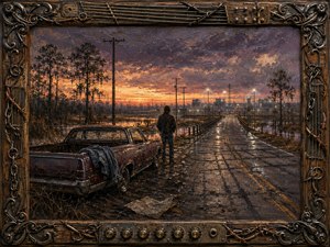 A lone man stands beside a battered pickup on a rain-darkened Southern road, facing a distant fortified industrial complex beneath a fiery violet sunset. Rich oil-and-encaustic textures, marsh reflections, telephone poles, and wet pavement create a brooding sense of lost freedom, while an ornate guitar-and-wrought-iron frame reinforces the weathered Southern-rock atmosphere.