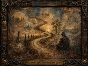 A richly textured, sepia-toned painting shows a solitary weathered figure beside a winding S-shaped road disappearing into glowing haze. Ghostly memory bubbles, distant trees, fences, and faint musical motifs drift through the scene. Warm bronze, rust, charcoal, and muted blue tones enhance the nostalgic mood, framed by ornate wood and metal craftsmanship.