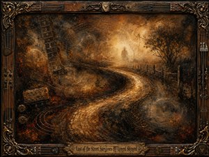 A haunting mixed-media painting follows a glowing S-shaped path through a smoky, dreamlike landscape, where a faint solitary figure emerges from golden haze. Weathered amber, rust, bronze, charcoal, and ember-red tones create a solemn, reflective mood. Guitar-string arcs, fretboard textures, ghosted orbs, trees, fences, and ornate instrument-inspired framing evoke memory, endurance, and fading legacy.
